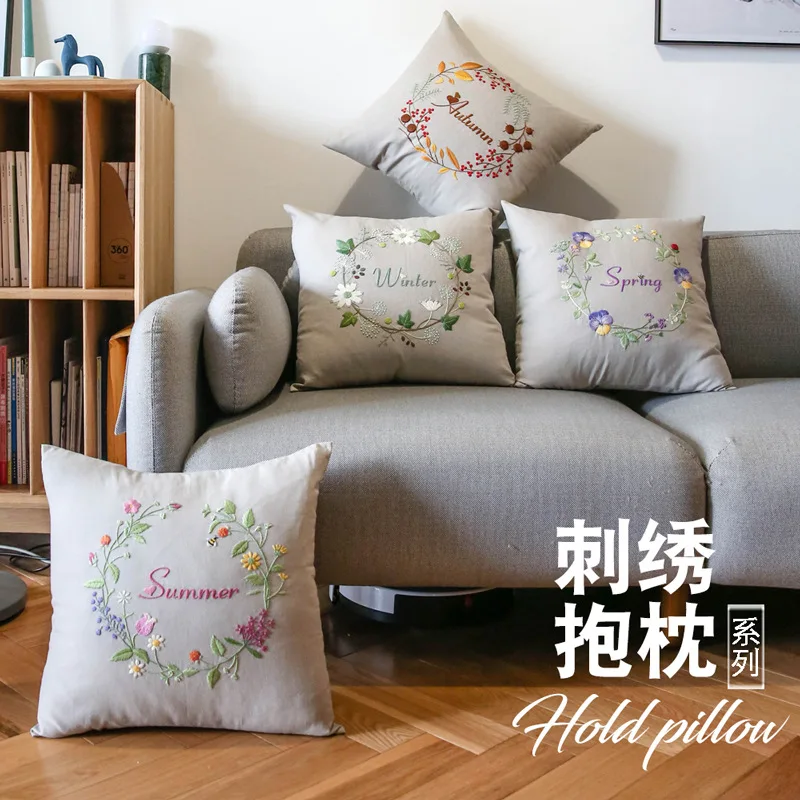 

Embroidery DIY household sofa cloth art holds pillow cushion for flower of four seasons of European type. Send embroidery guy.