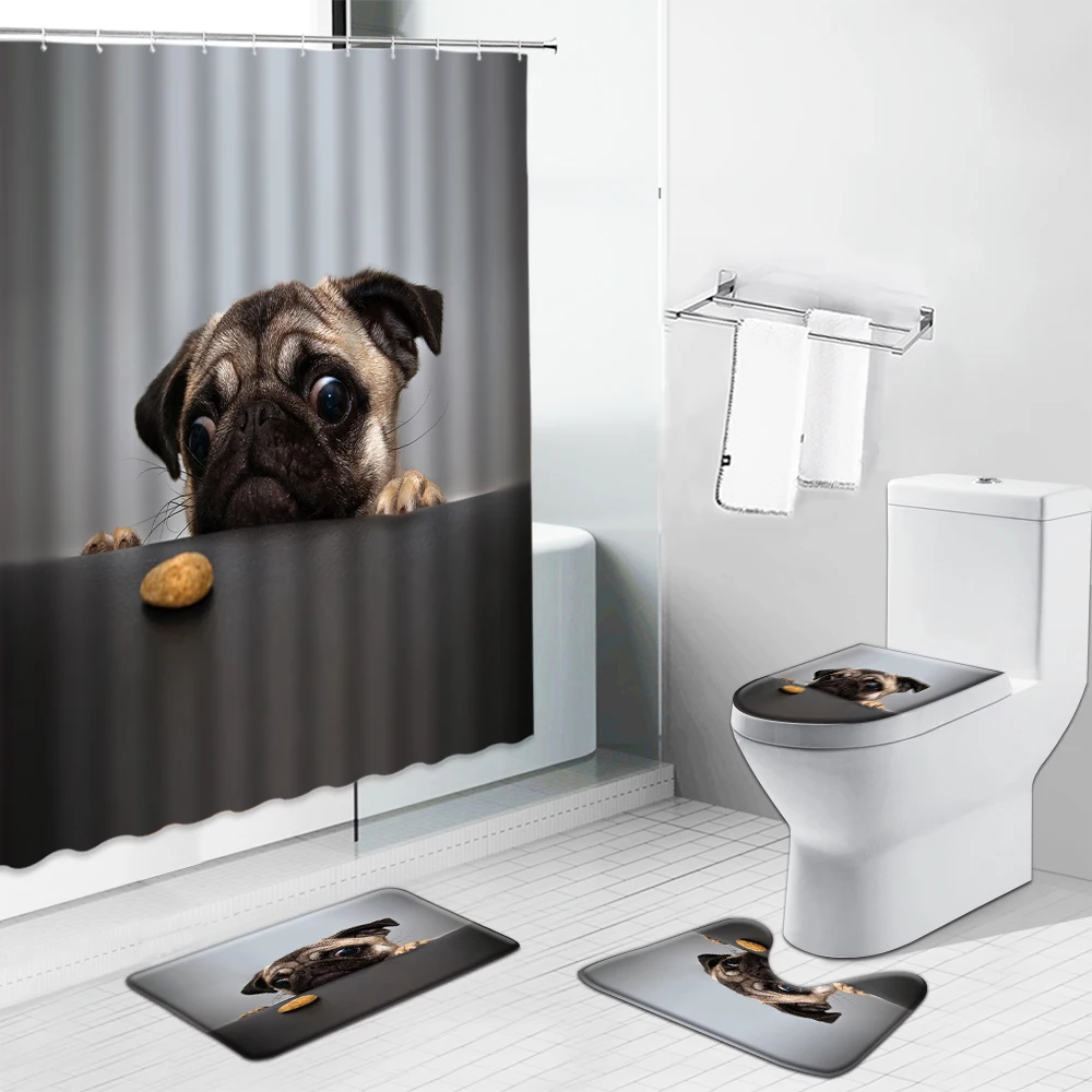 

Funny Pet Cat Dog Shower Curtains Set Cartoon Animal Bulldog Child Baby Bathroom Decor Toilet Lid Cover Bath Mat Carpet Non-Slip