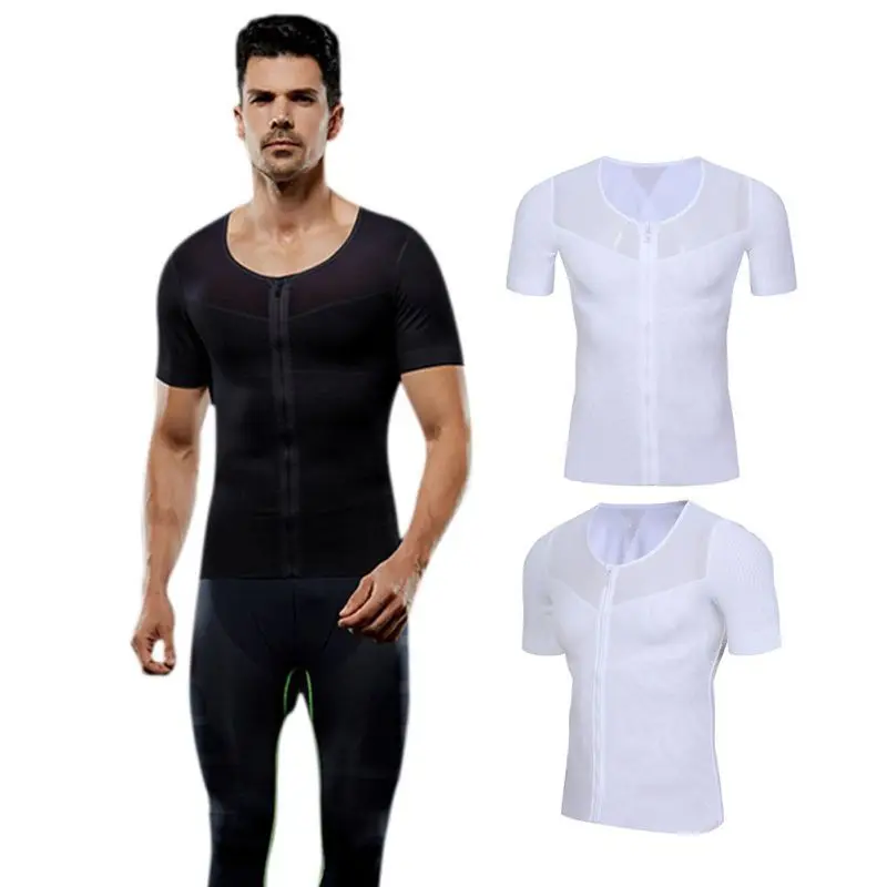 

Men Skinny T-shirt Mesh Patchwork Slimming Boobs Body Shaper Compression Abdomen Control Short Sleeve Zipper Body Shapers