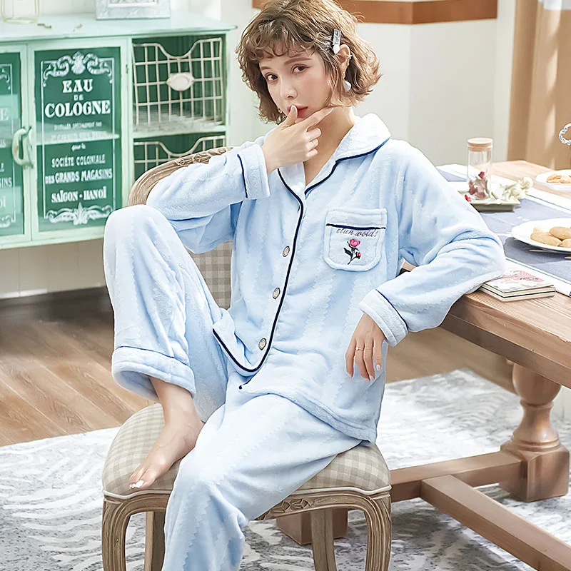 Синяя Женская бархатная Пижама с цветочной вышивкой 2019 зимняя женская домашняя