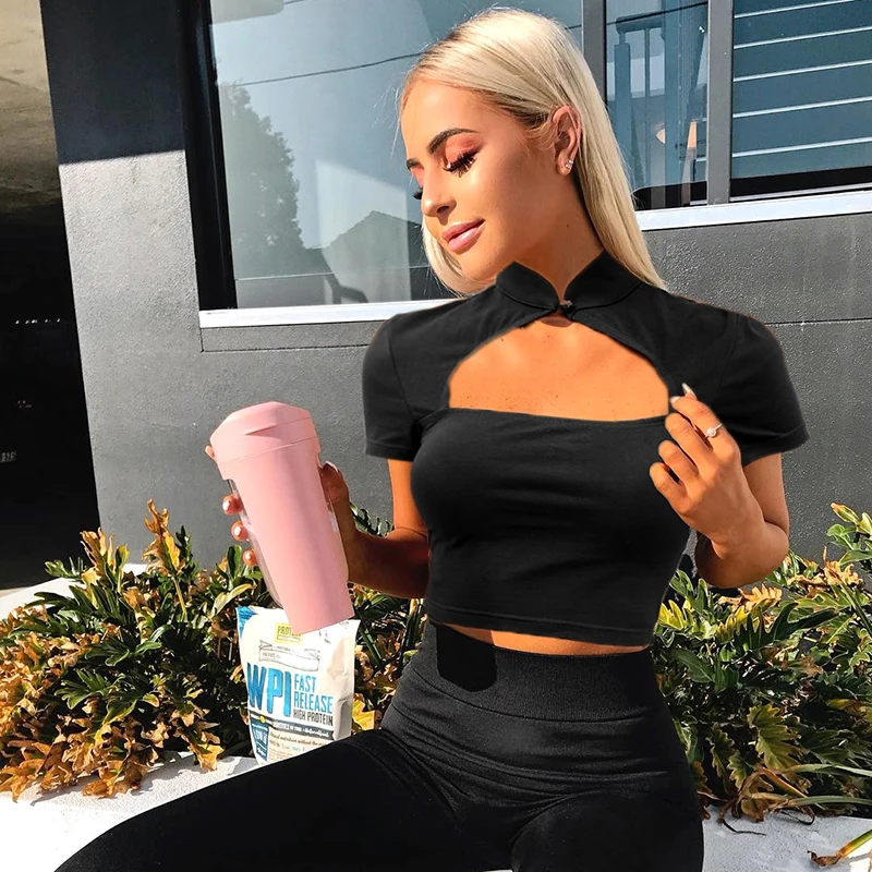 Повседневные Черные женские футболки в китайском стиле Харадзюку короткий рукав