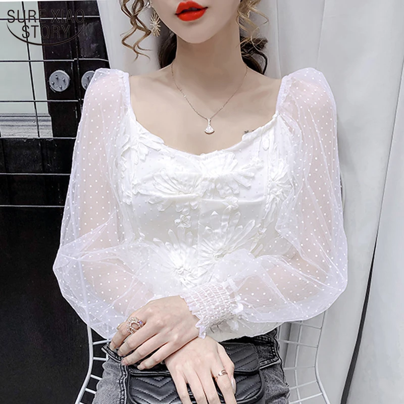 

Polka Dot Lantern Long Sleeve New Fashion 2021 Early Autumn Sexy Mesh Stitching Slim Slash Neck Cotton Shirts Chemisier 11420