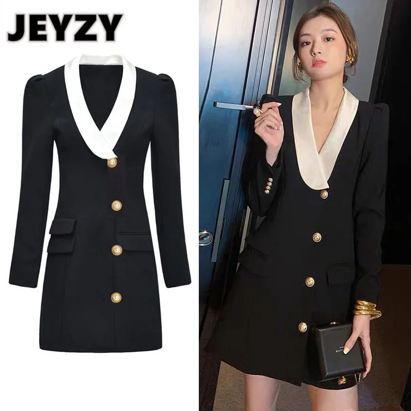 

Jeyzy дизайнерское винтажное стильное Черное мини-платье в стиле Хепберн однобортное на пуговицах с отложным воротником и длинным рукавом дл...