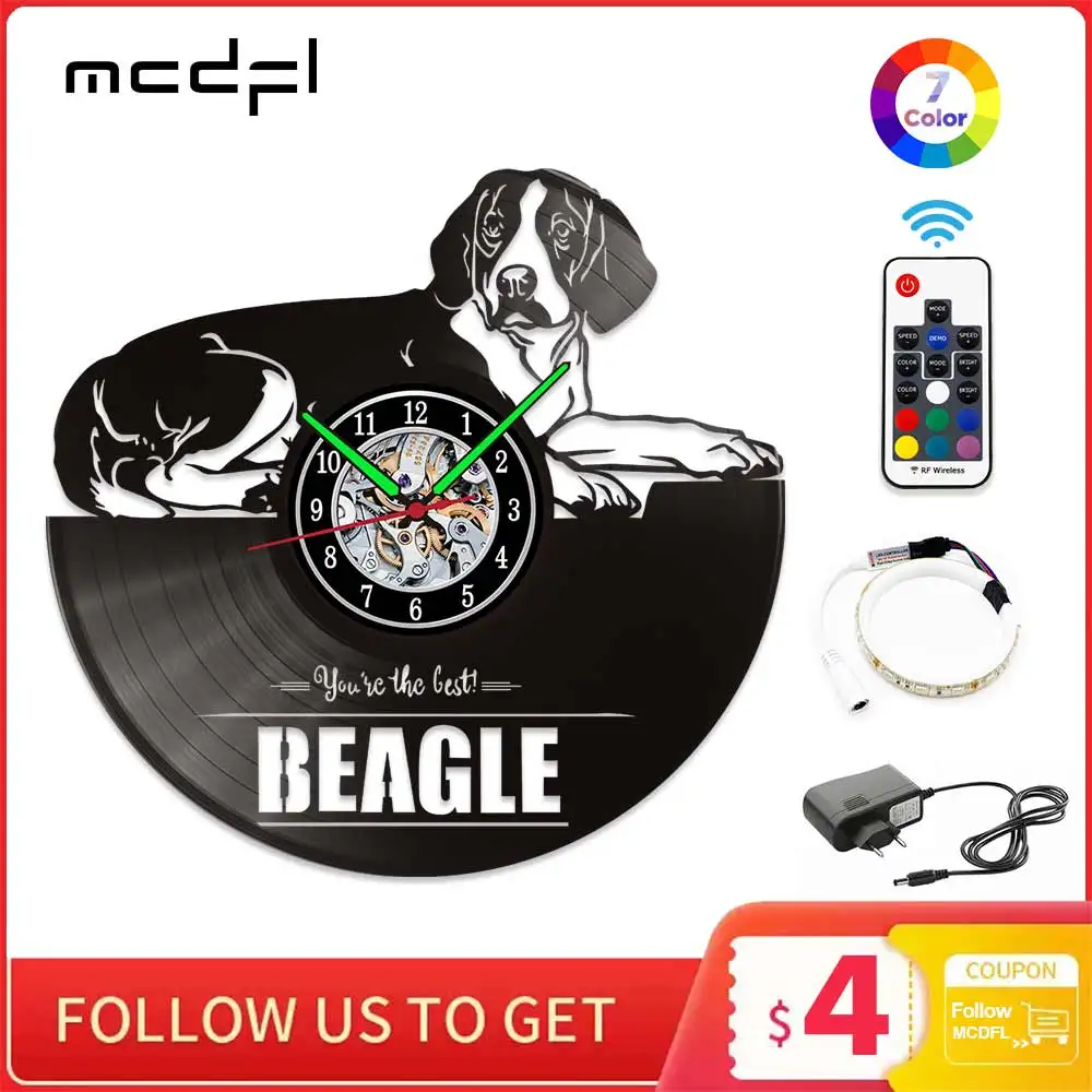 

MCDFL The Dog Beagle Vinyl Wall Clock Mechanism Silent Home Living Room Decoration Bedroom Quartz Clock Glowing At Night 12 Inch