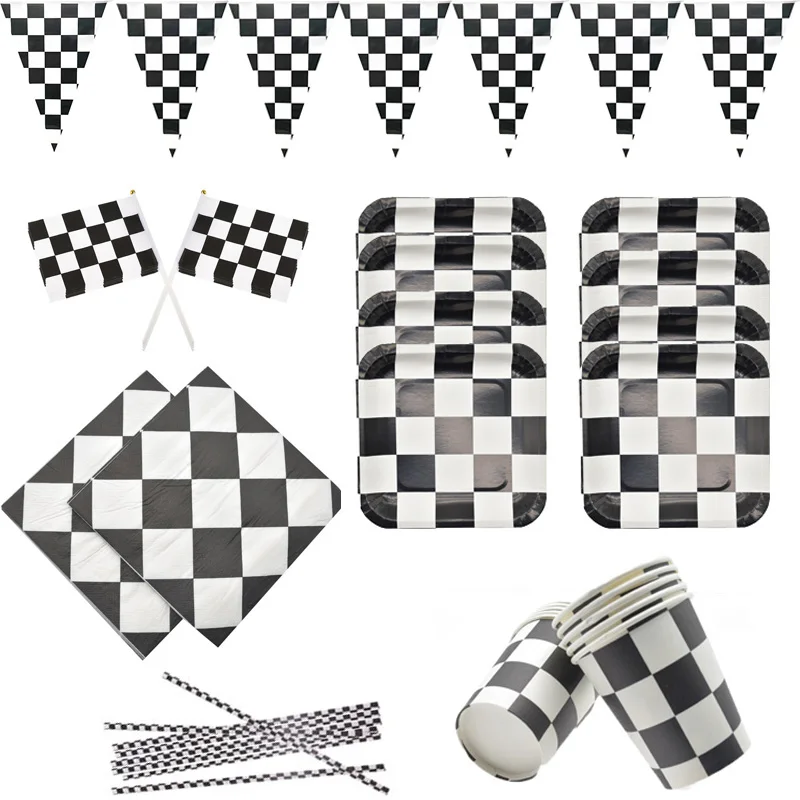 

Черно-белая клетчатая одноразовая посуда набор бумажные тарелки и стаканы шахматы клетчатые украшения для дня рождения ребенка