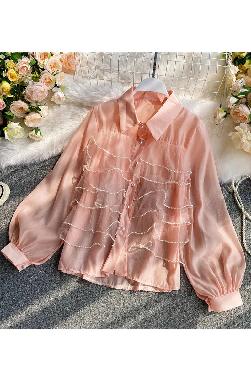 

2020 Autumn New Elegant Scheming Design Niche Beaded Long-Sleeved Chiffon Shirt All-Matching Loose Western Style Top