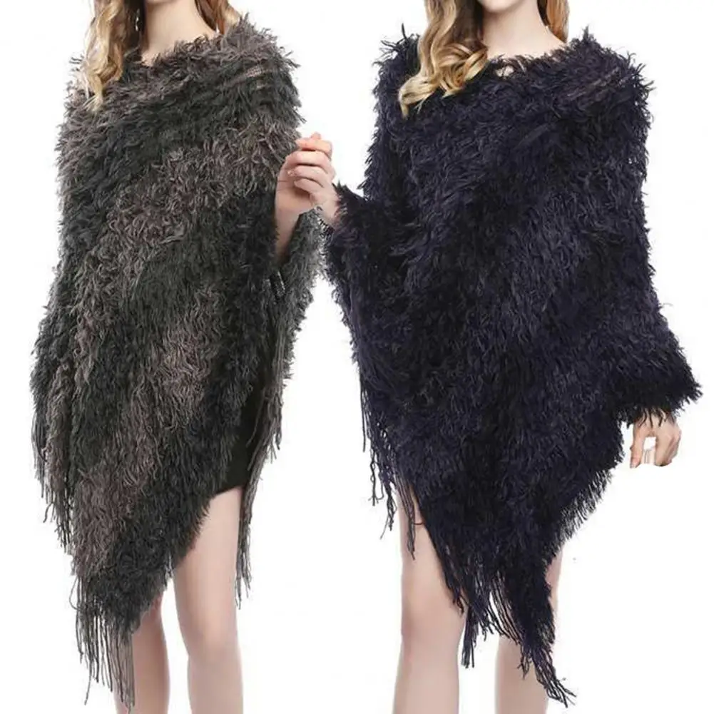 Накидка пальто с V-образным вырезом трикотажная пушистая теплая пончо