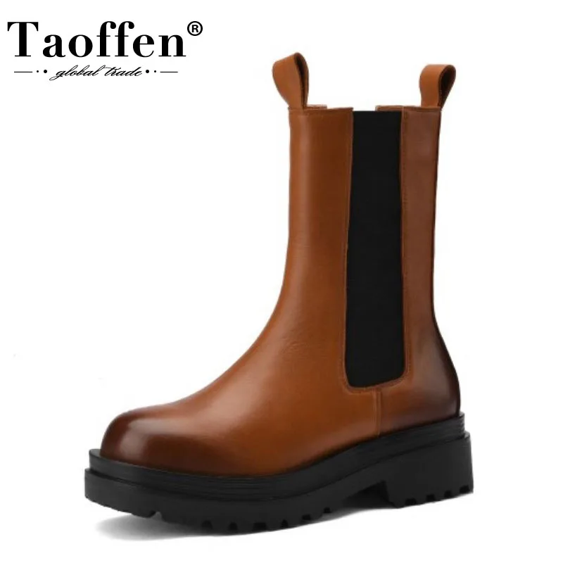 

TAOFFEN Real Leather Women Mid Calf Boots Flats Round Toe Shoes Winter Warm Boots Women Fashion Party Footwear Size 34-40