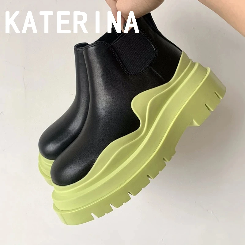 

35-45 Genuine Leather Boots Thick Sole Chelsea Boots Unisex Round Toe Platform Boots British Winter Square Heels Ankle Boots