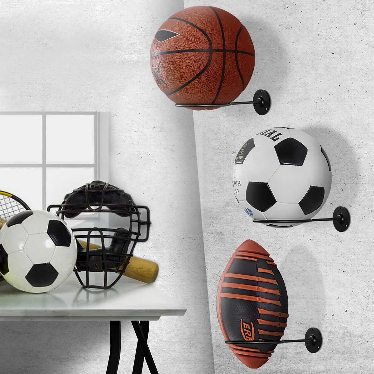 

Clispeed 2PCS Wall-Mounted Ball Holders Display Racks for Basketball Soccer Football Volleyball Exercise Ball (Black)