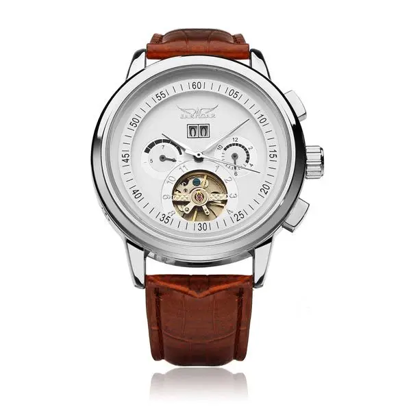 JARAGAR бренд автоматические механические Tourbillon маховик кожа часы Подарочная коробка Relogio relegs новинка - Цвет: Silver Case White