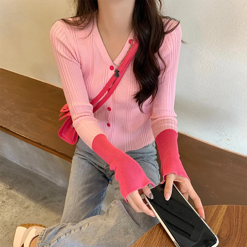 Женский свитер Кардиган с длинным рукавом и V-образным вырезом |