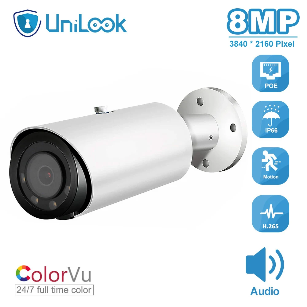 

Ip-камера UniLook 5MP/8MP ColorVu POE 2,8 мм с фиксированным объективом, аудио IP66, обнаружение движения, пуля, видео SurveillanceCam H.265 P2P View