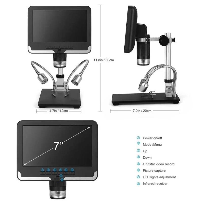 

AD206 7 Inch LCD Sn 2.0MP 200X Digital Microscope Industrial Inspection Electron Microscope Mobile Phone Repairing PCB Solde