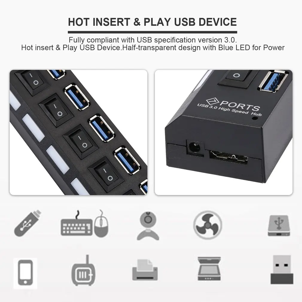7-Порты и разъёмы USB 3,0 концентратор сплиттер с переключатель высокого Скорость 5 Гбит/с usb-хаб мульти разделители USB Поддержка 1 ТБ HDD для ПК