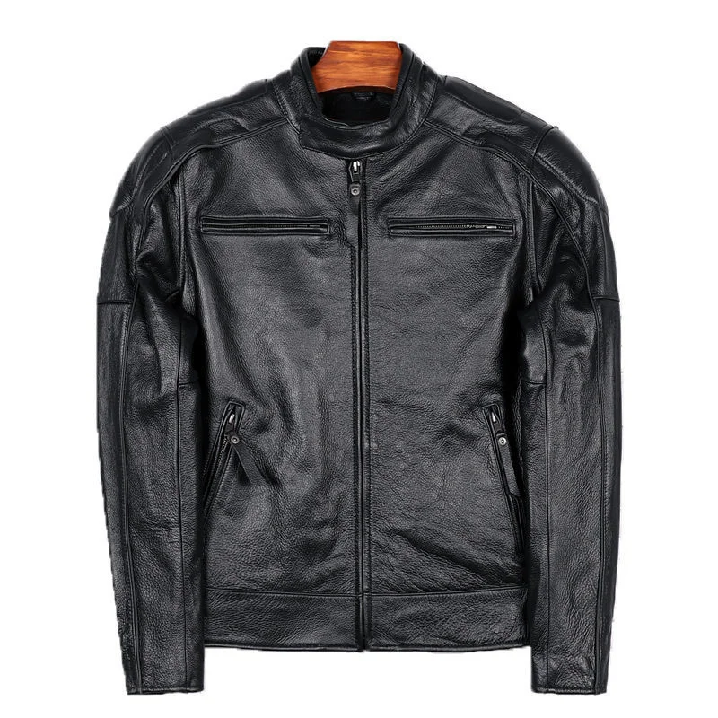 

2021 Black Genuine Leather Jacket Men Motorcycle Style Plus Size 5XL Stand Collar Real Natural Cowhide Spring Short Biker Coat