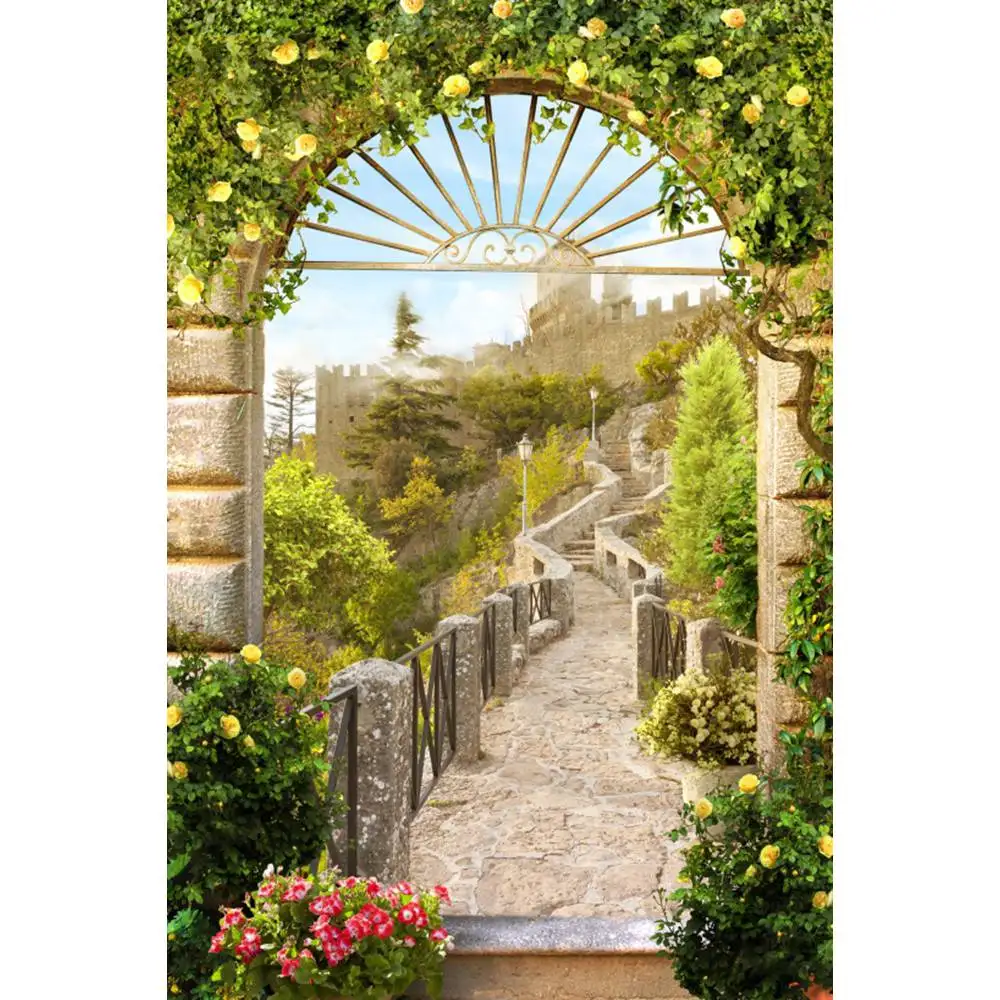 Летний фон для фотосъемки Yeele Coastal City Stone House Flower Tree Stair на заказ для фотостудии - Цвет: NBK08539