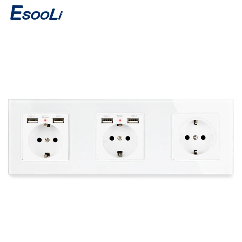 

Esooli 3 Gang EU Standard Wall Socket With 2 USB Charging Port For Mobile Phone Socket Glass Panel 258*86mm