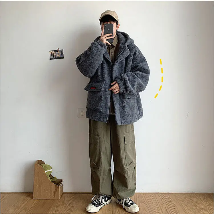 

Luck A Winter lamb plush padded jacket male Hong Kong style trend loose couples padded jacket plus velvet padded padded jacket