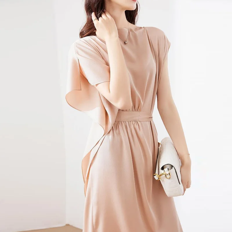 

2021 Summer New Irregular Solid Color Dresses O-Neck Fashion Elegant Plus Size Batwing Sleeve High Waist Women Dresses LJ3247