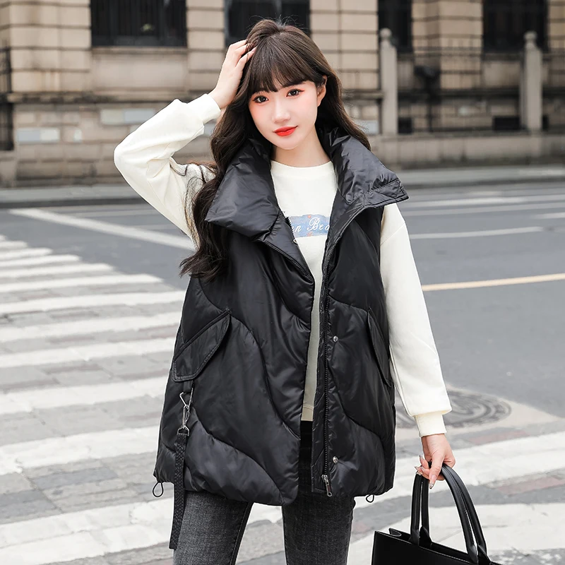 

Turn Down Collar Women's Autumn Winter Vest Solid Zipper Pockets Ladies Loose Sleeveless Jacket Thick Vests Waistcoat Female