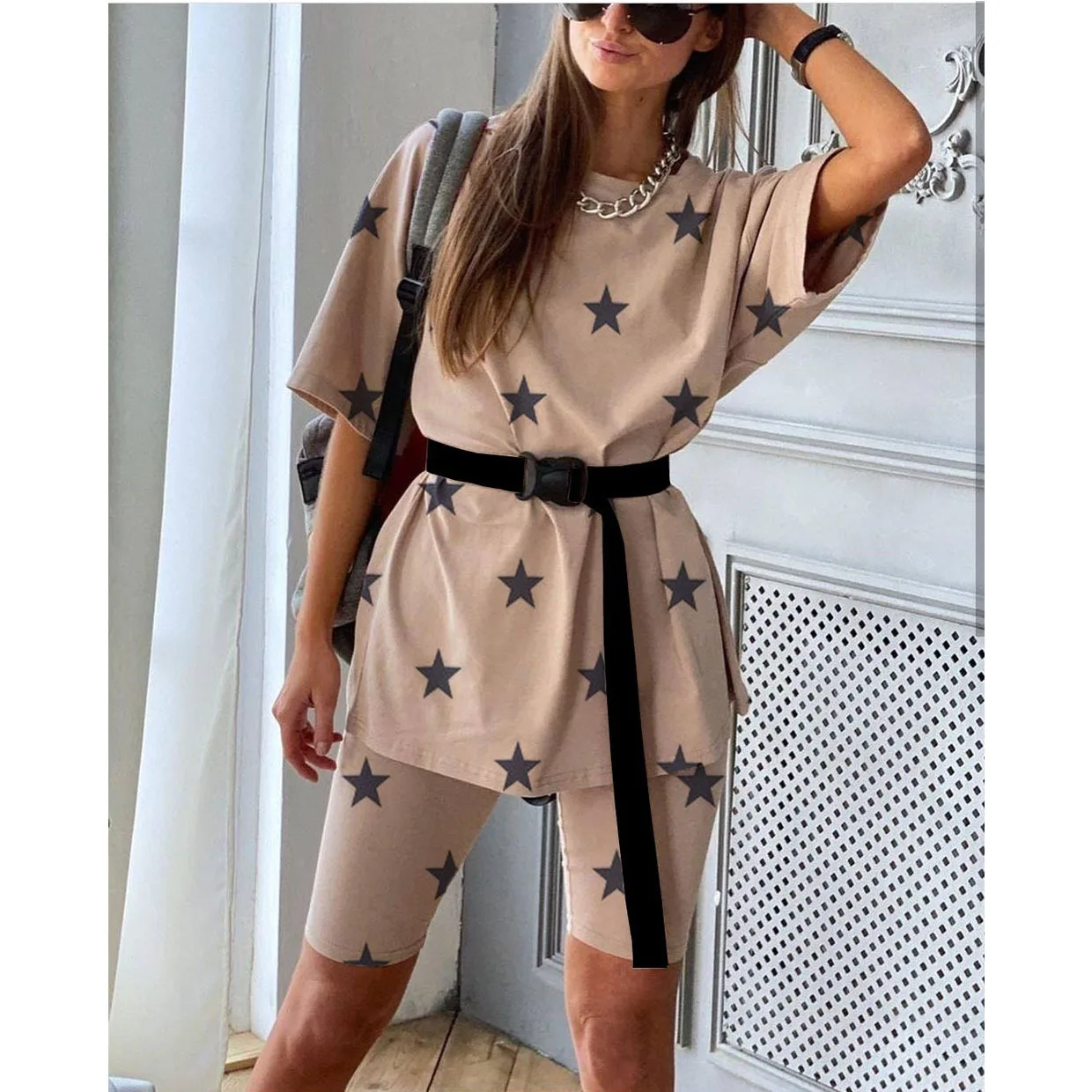 

2021 Summer New Women's Clothing Fashion 2 Two-piece Sports Set O-neck Sweater Shortss Suit Casual Pants Set