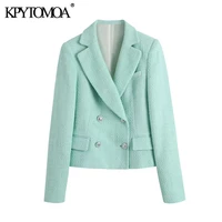kpytomoa women 2021 fashion double breasted cropped tweed blazer coat vintage long sleeve pockets female outerwear chic veste