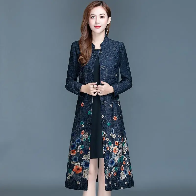 

Женское пальто средней длины Nice, ветровка для женщин среднего возраста, приталенное синее пальто с принтом, E32, весна-осень размера плюс