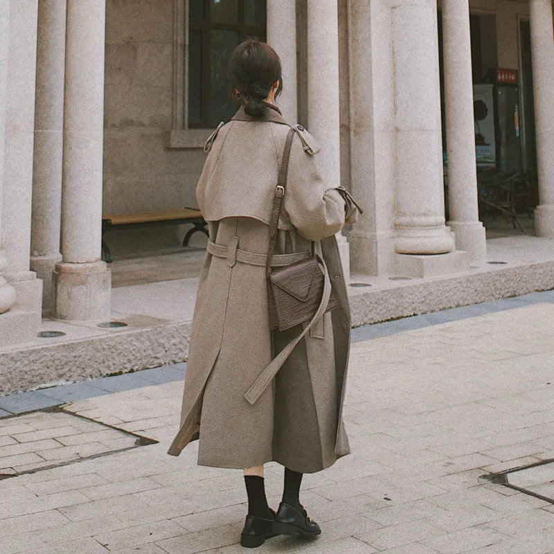 

High Quality Plaid Long Woolen Coat For Women 2020 Winter New Double-breasted Loose Outwear Ladies Autumn Wool Jacket With Belt