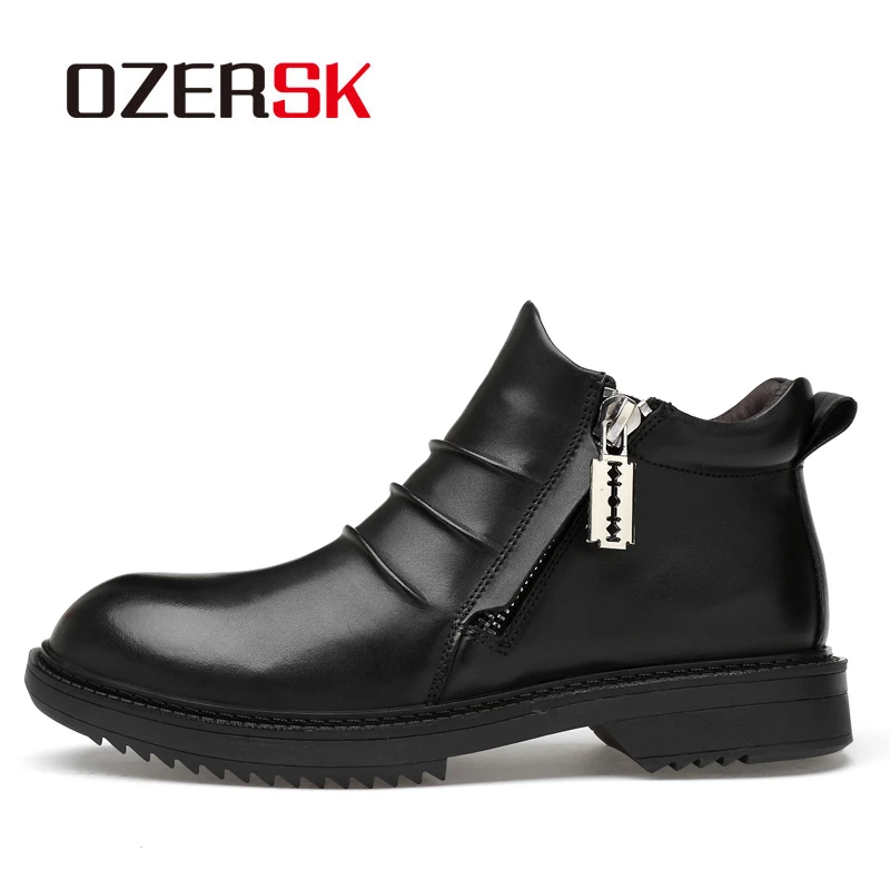 Мужские Теплые ботильоны OZERSK черные повседневные из натуральной кожи на меху