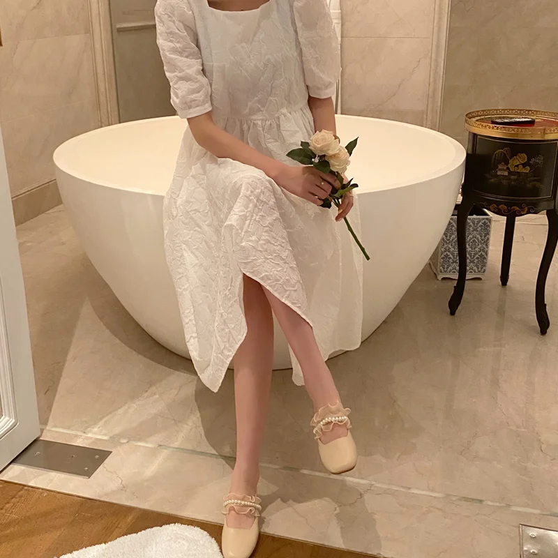 

2021 Baotou sandals female Korean version of square toe pearl ruffled sweet fairy style thick heel Mary Jane shoes