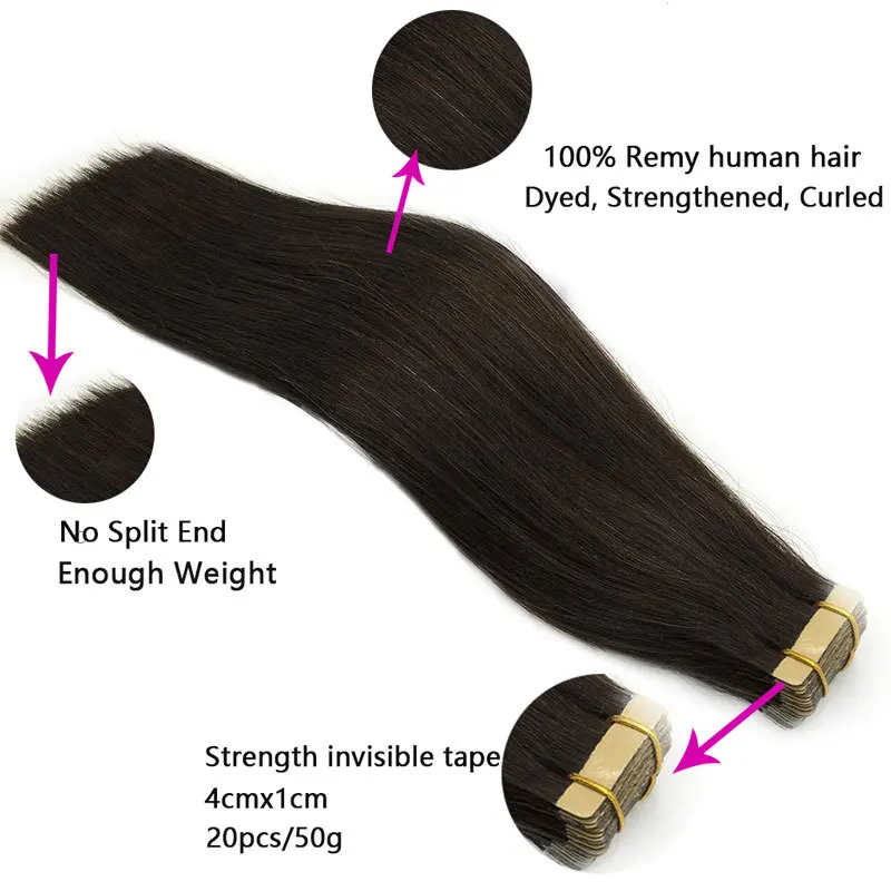 Cinta recta en extensiones de cabello humano Invisible sin fisuras Remy Natural del pelo de la trama de la piel adhesivo extensión marrón Rubio 20 piezas