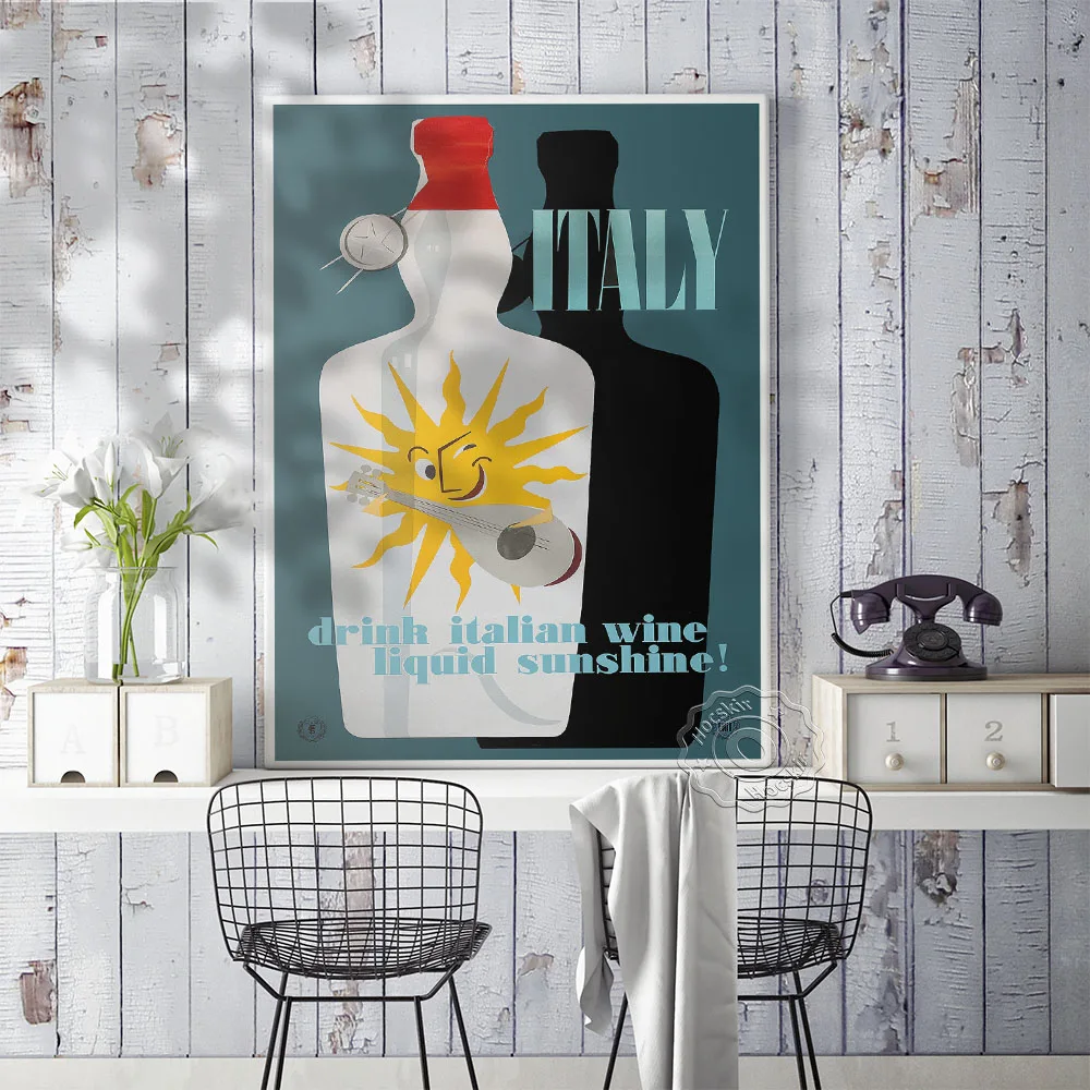Постер рекламы вин Италии "Жидкое солнце" на холсте в стиле винтаж.