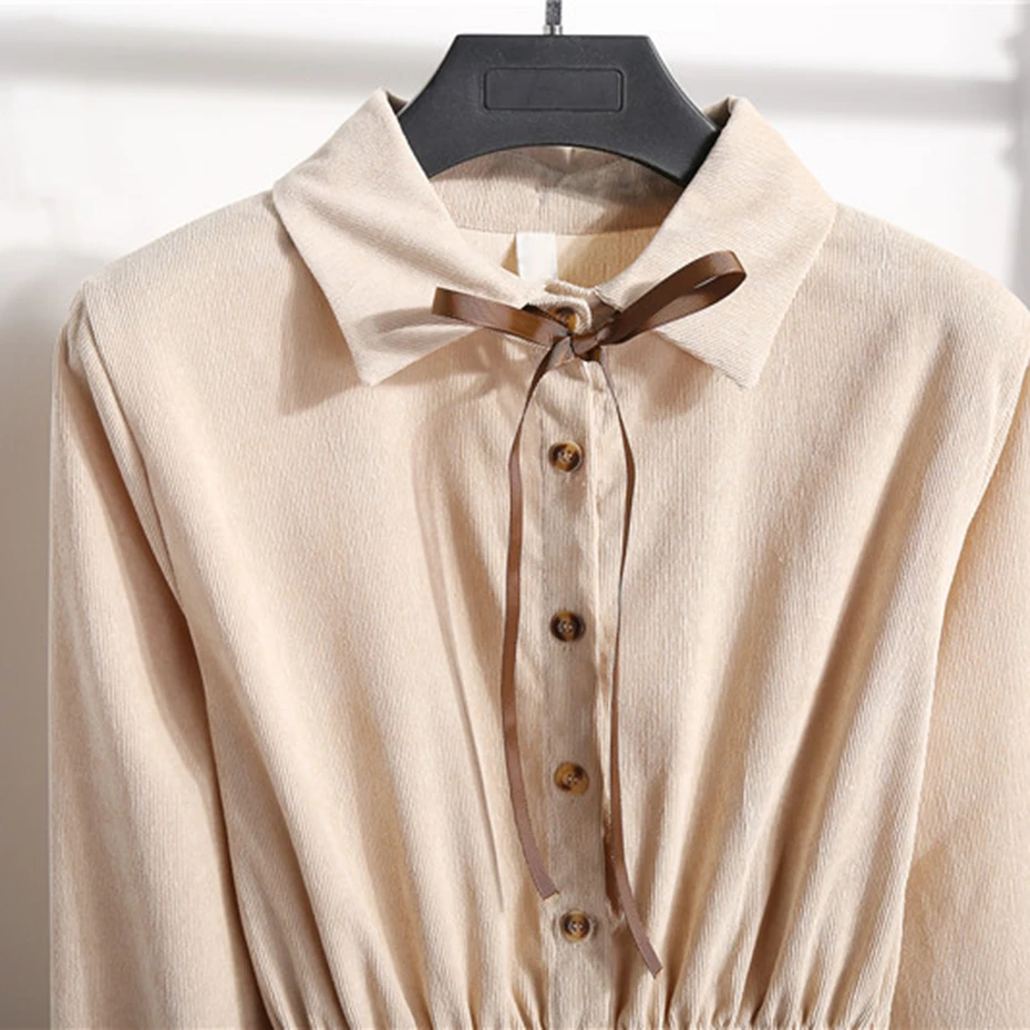 

S-XL Bowtie Corduroy Dress Women Autumn Winter Dress Lapel Single-breasted Elastic Waist Slim Vestidos Plus Size A-Line Vestidos