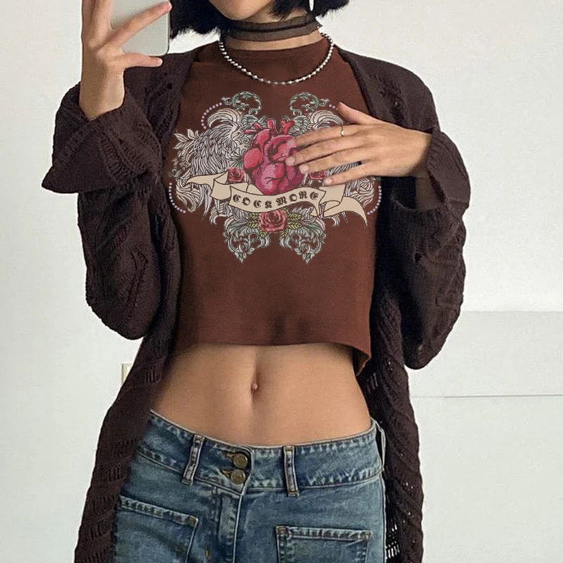 

Y2k Printed Crop Top Brown White O Neck Tank Tops Sleeveless Vintage Skinny Mini Vest Cute Summer Chic Sweats Women