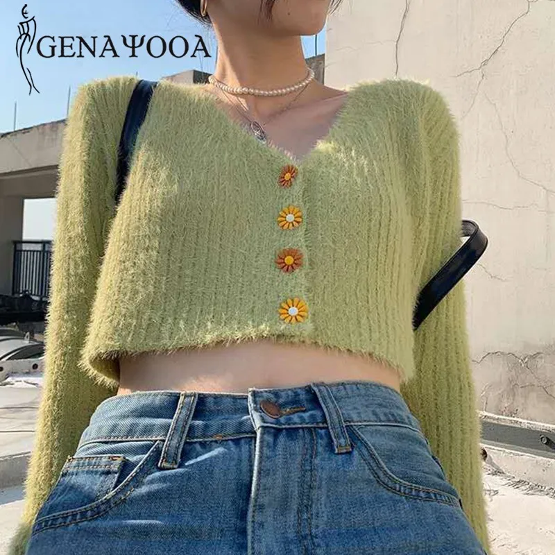 

Genayooa Sexy Mohair Knit Cardigan Crop Soft Long Sleeve V Neck Autumn Cardigan Women Winter Streetwear Jumper Ladies Korean