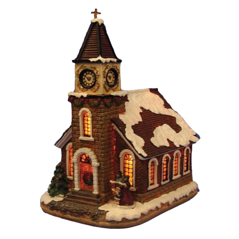 

European resin Christmas house fiber decoration LED church lamp house ornaments E14 small night light crafts