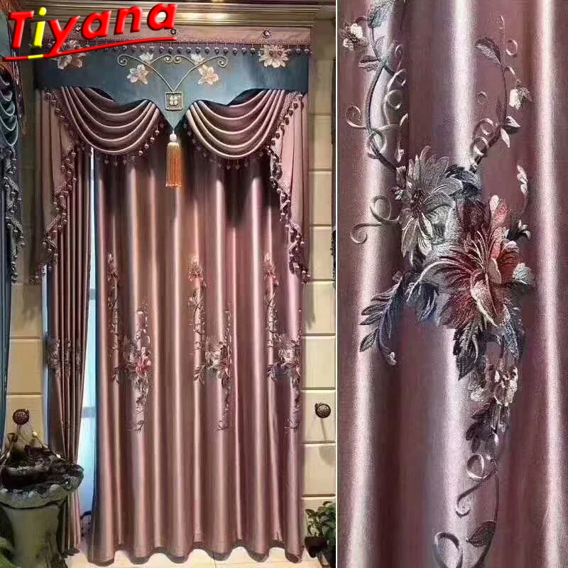 

Purple Elegant Flowers Embroidery Curtains for Living Room Classical Silk Texture Window Drapes for Bedroom X-HM611#VT