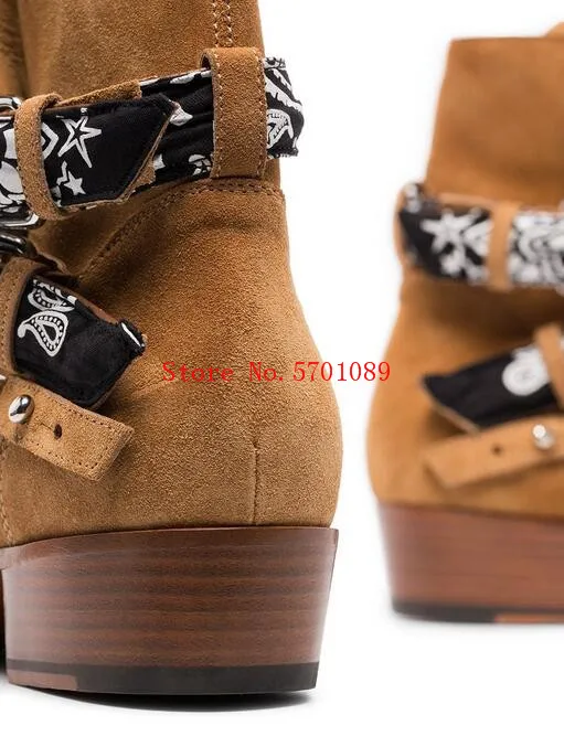 Мужские ковбойские ботинки в стиле рок Ботинки из натуральной замши с пряжкой на