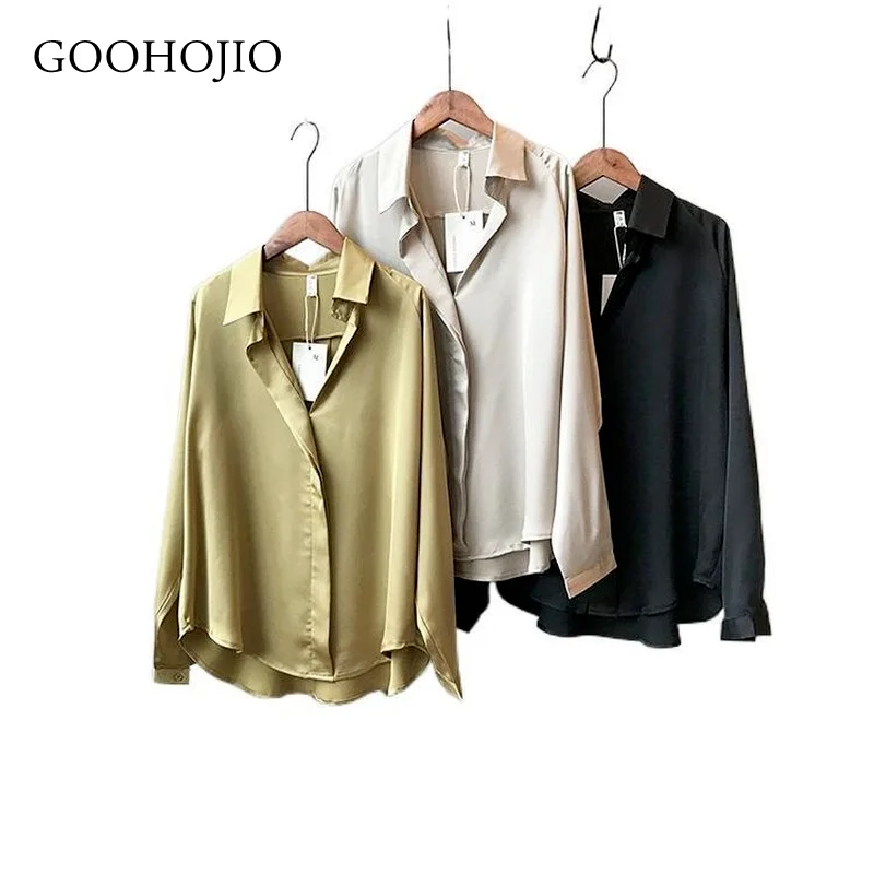 

GOOHOJIO 2021 Spring Autumn Temperament Shirts Women V-neck Fashionable Blouses for Women Chic Satin Solid Color Shirts Women