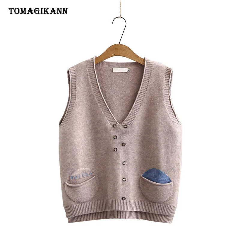 

Short Sweaters for Women Plus Size V Neck Buttons Pockets Knitted Pullovers Casual Autumn Woman Sweater Vest Tops