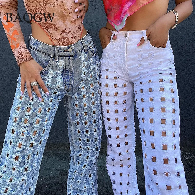 

Women Pants Vintage Ripped Baggy Boyfriend Jeans 2021 Autum Hollow Out Harajuku High Waist Wide Leg Straight Jeans Dropshipping