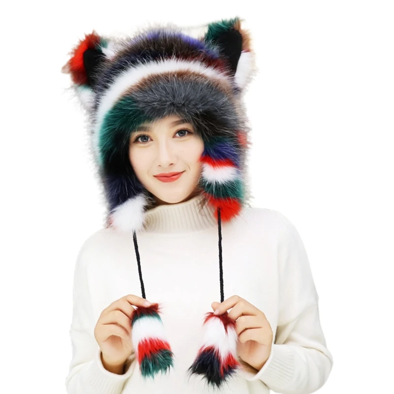 

Women Winter Fluffy Furry Trapper Hat Multicolor Cute Cat Ears Fuzzy Plush Animal Earflap Cap Outdoor Skiing Windproof Thermal