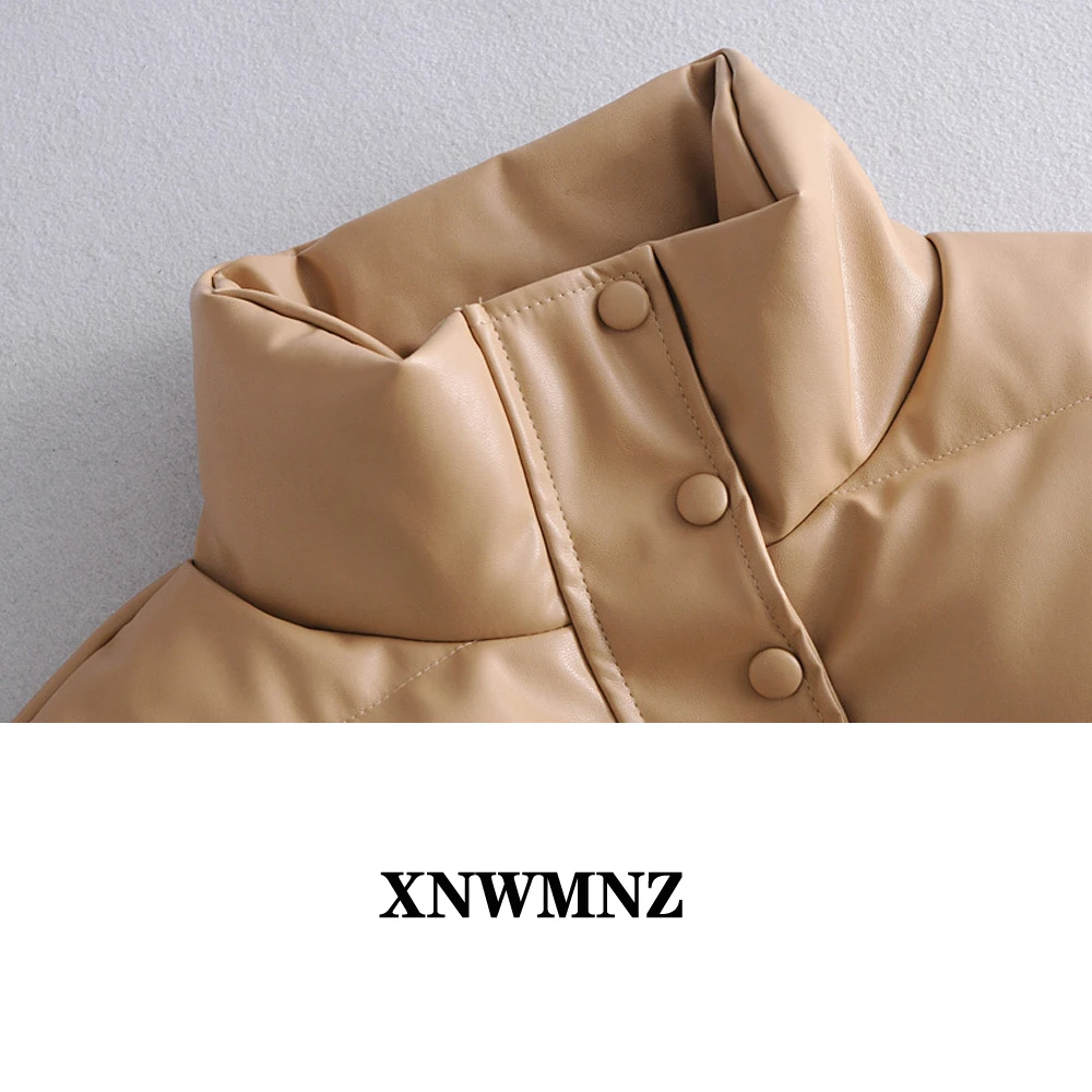 XNWMNZ Lady winter Casual Stand Collar Parkas Women Fashion Coats Women Elegant PU Leather Short Cotton Jackets Female Ladies