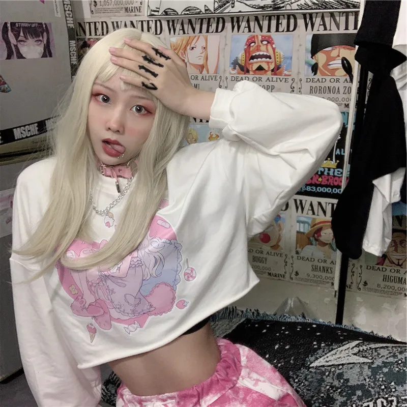 Harajuku kawaii cute cartoon anime girl printed t-shirt long sleeve white tshirts women sweet tops loose pullovers woman clothes