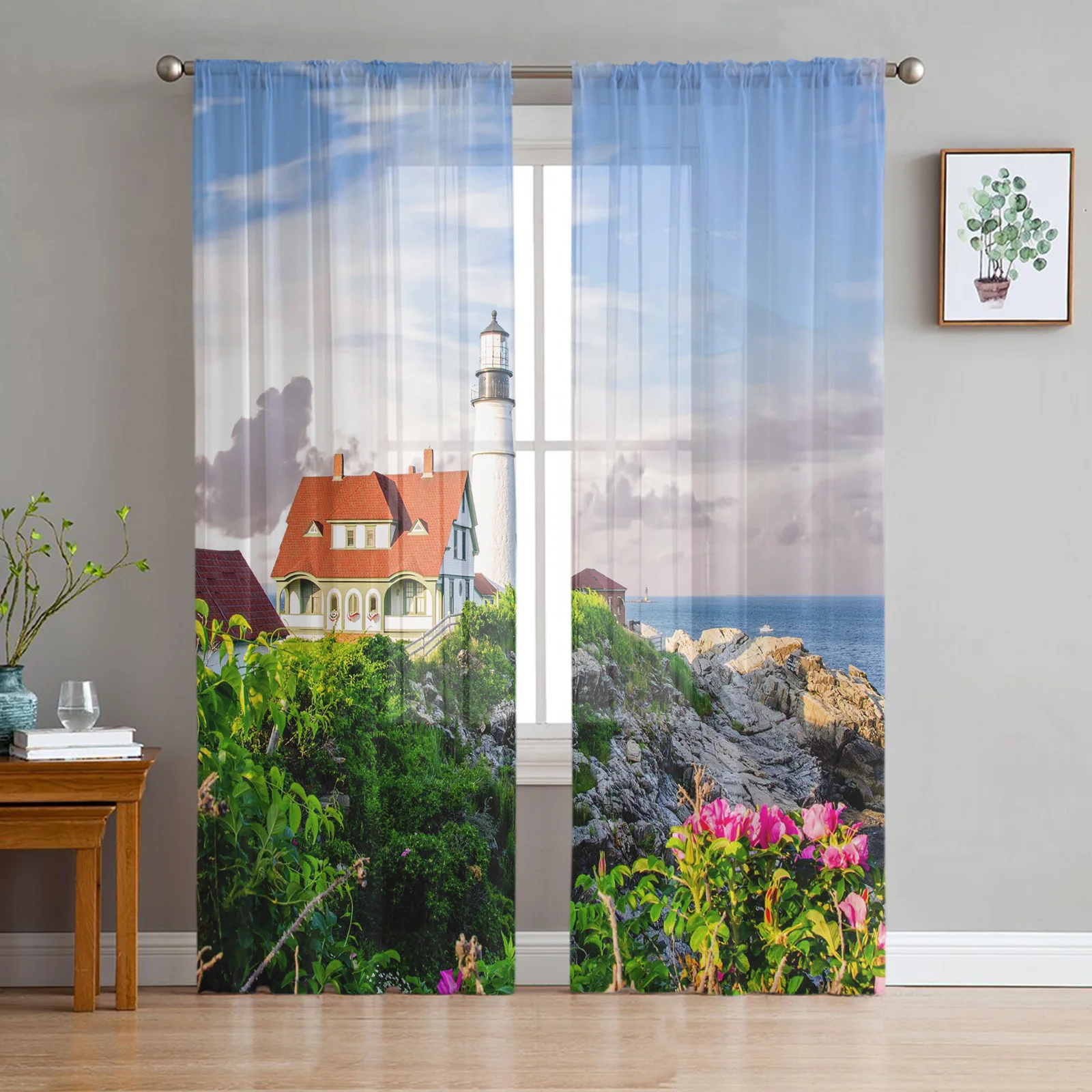 Flower Lighthouse Seaside Cottage Sheer Curtains for Living Room Bedroom Kitchen Tulle for Windows Voile Drapes Home Decoration