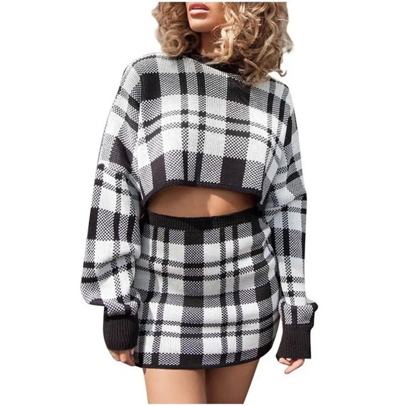 

Knitted Plaid 2 Piece Set Sexy Dress Women Sweater Long Sleeve Woman Sweaters Dress Winter Warm