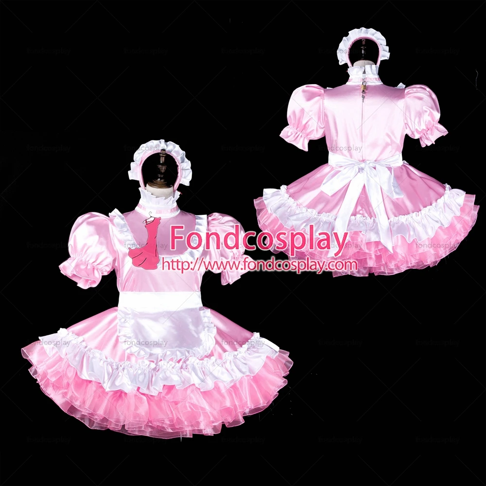 

fondcosplay adult sexy cross dressing sissy maid short baby pink satin dress lockable Uniform white apron Tailor-made[G2315]