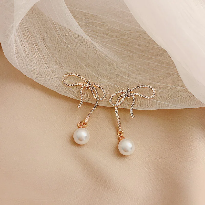 Pearl earrings feminine bow high-end personality Korean 2020 new trendy fashion elegant Fashion Stud Earrings | Украшения и