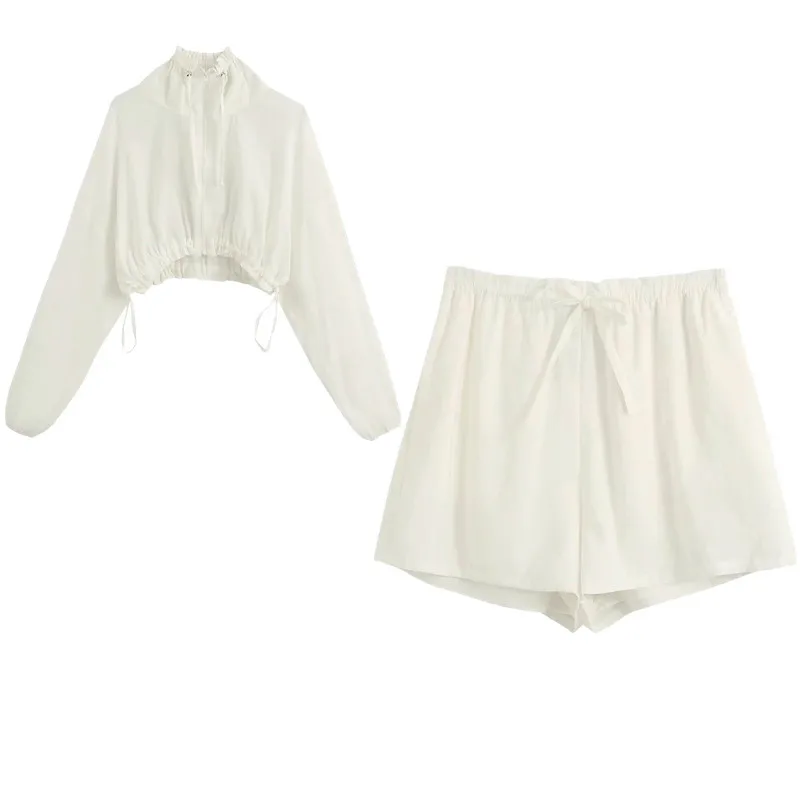 

Women's New Stand Collar Zipper Drawstring Short Suit Sunscreen Clothing + High Waist Lace Casual Shorts Female Two Piece Set